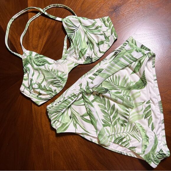 Shade & Shore Tropical Leaf Print Bikini Set medium high waist bottoms 34D top - Picture 1 of 7